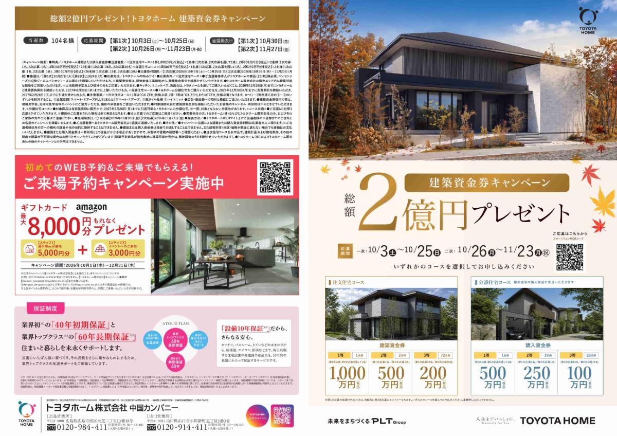 【トヨタホーム】総額2億円　秋の建築資金券プレゼントキャンペーン